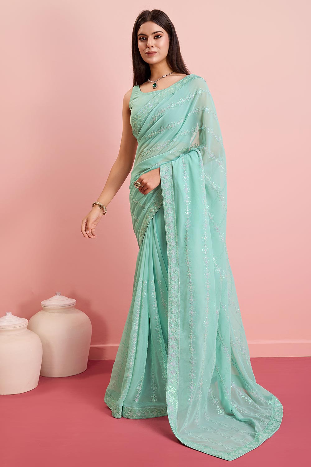 Sky Blue Georgette Embroidered Saree