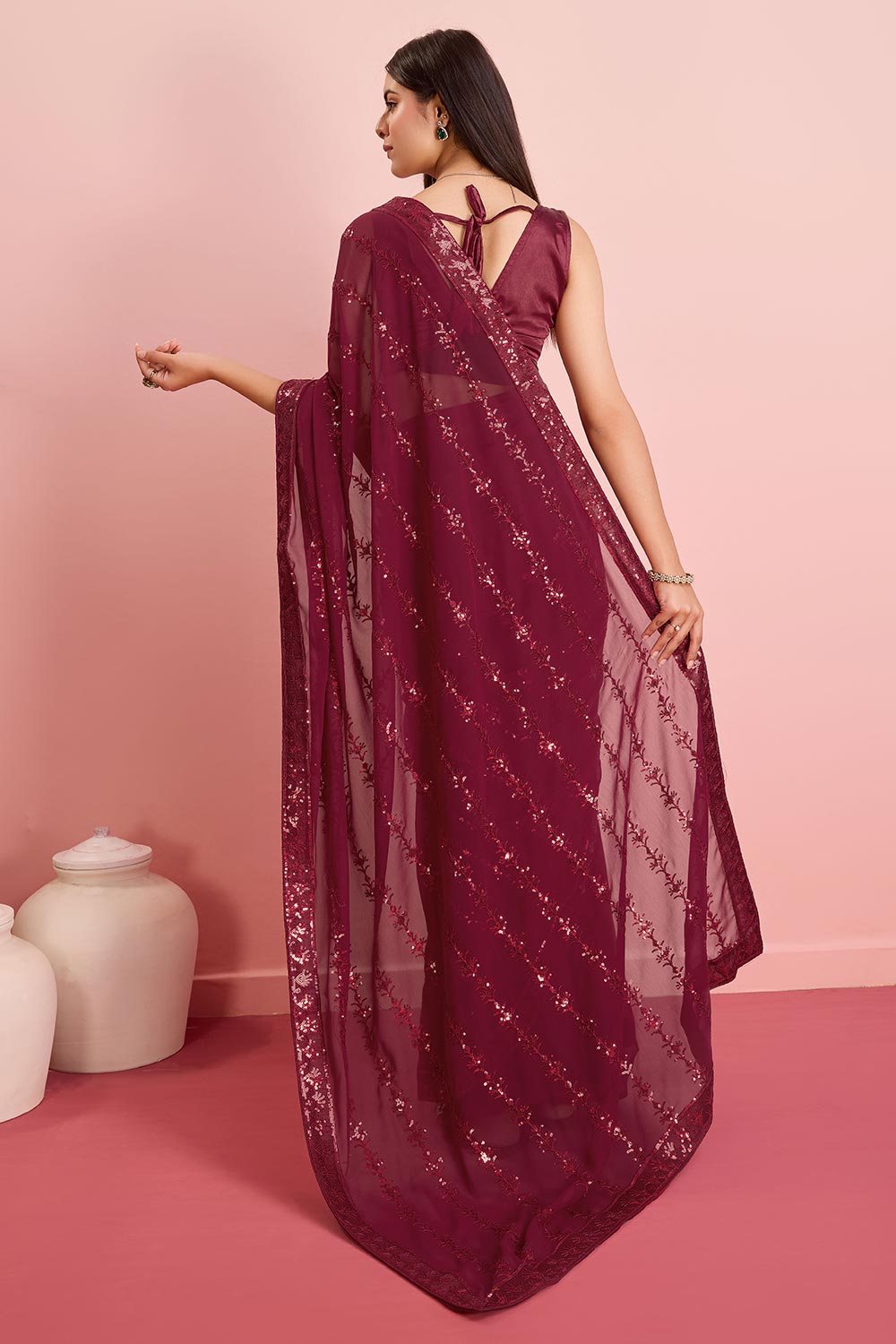 Burgundy Georgette Embroidered Saree