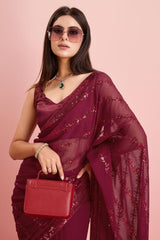 Burgundy Georgette Embroidered Saree