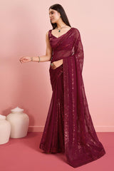 Burgundy Georgette Embroidered Saree