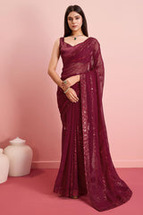 Burgundy Georgette Embroidered Saree