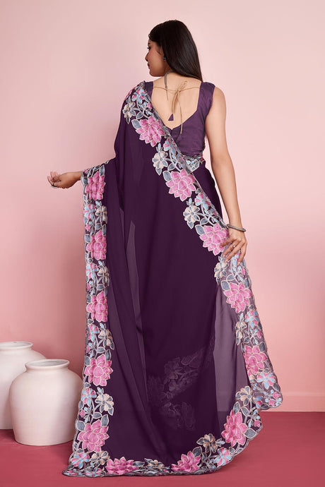 Purple Georgette Embroidered Saree