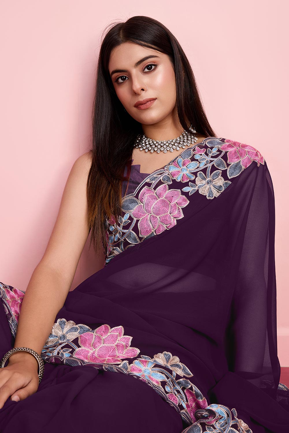 Purple Georgette Embroidered Saree