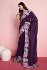 Purple Georgette Embroidered Saree