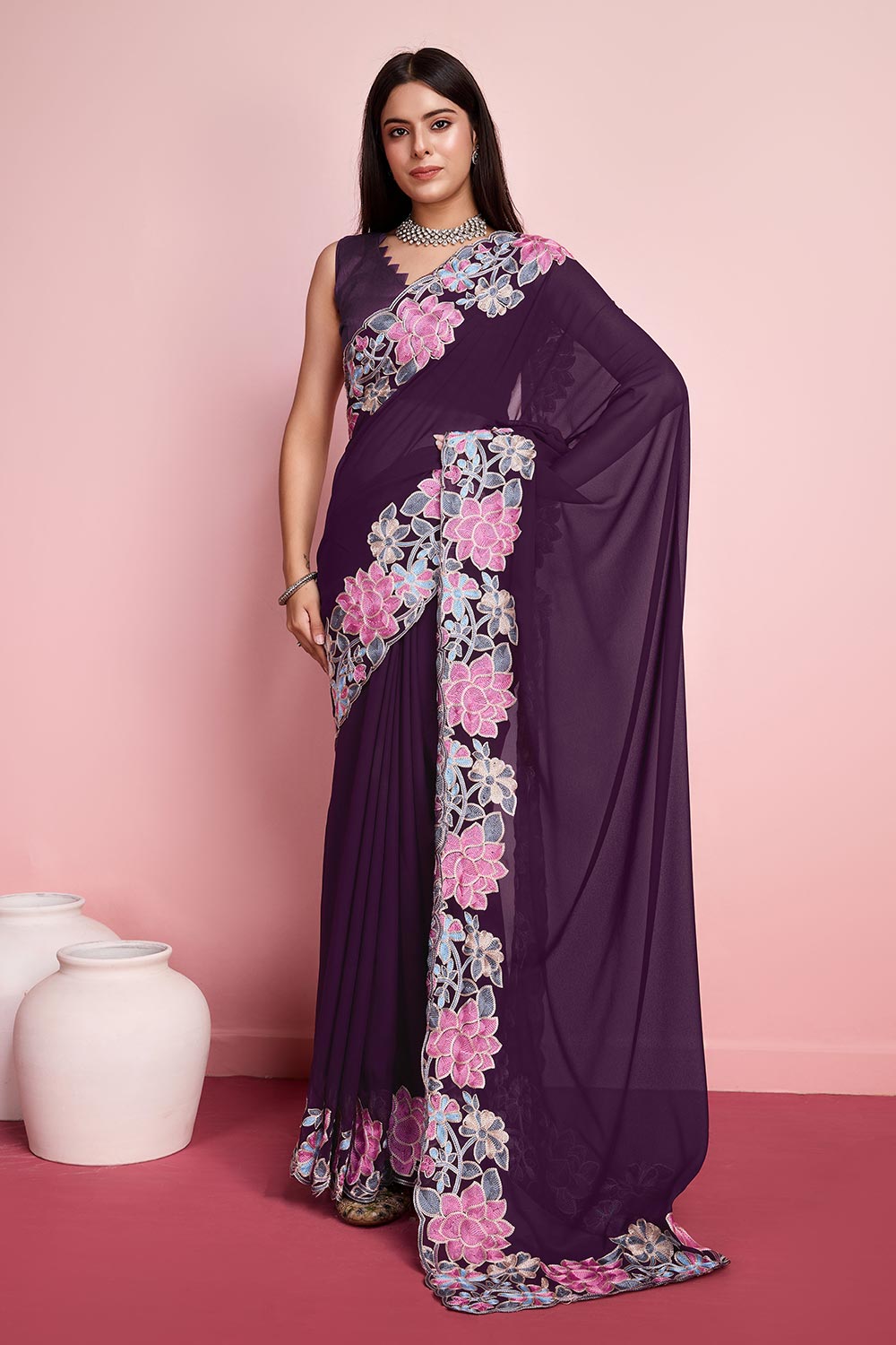 Purple Georgette Embroidered Saree