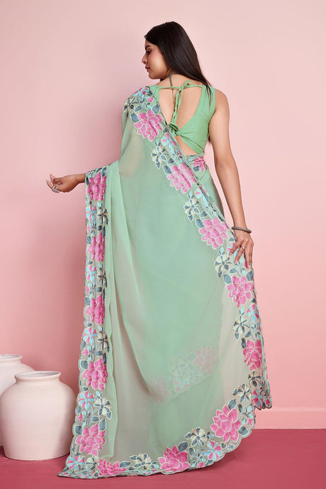 Pista Georgette Embroidered Saree