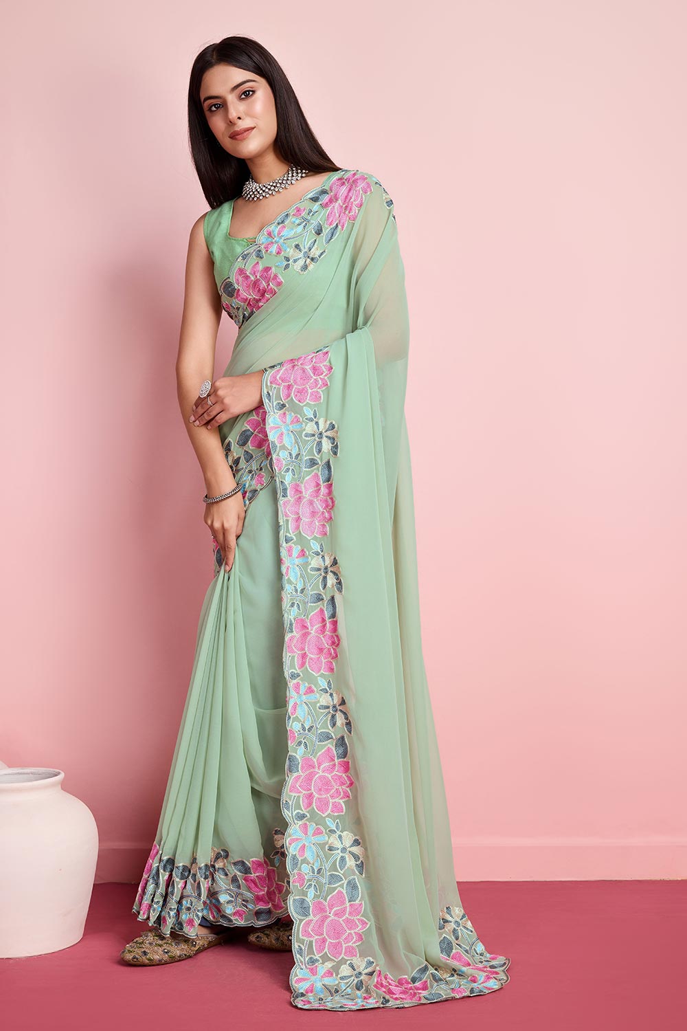 Pista Georgette Embroidered Saree