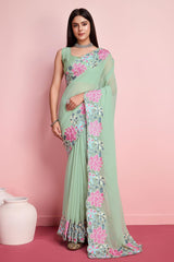 Pista Georgette Embroidered Saree