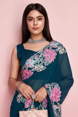 Teal Blue Georgette Embroidered Saree