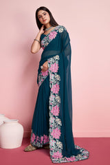 Teal Blue Georgette Embroidered Saree