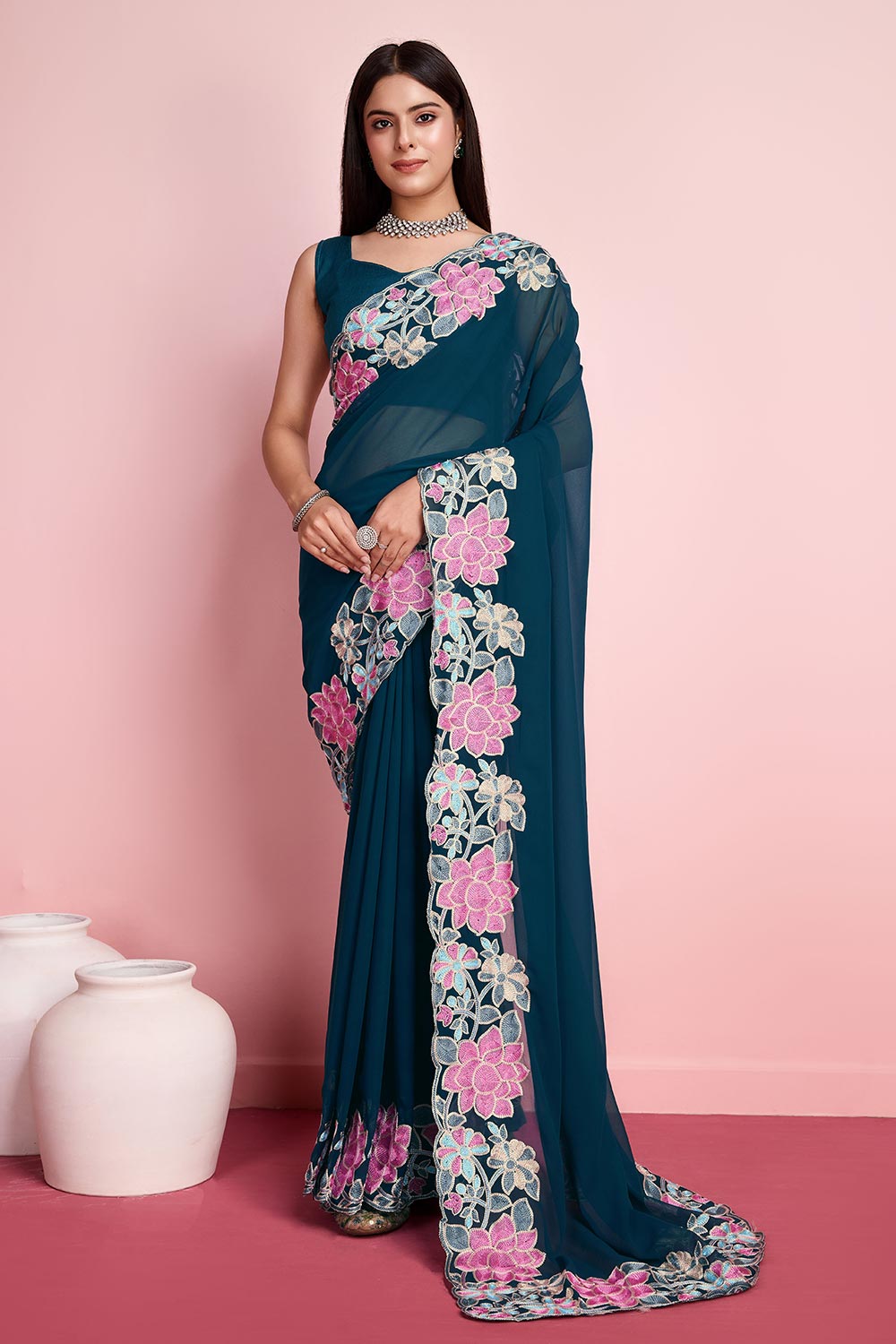 Teal Blue Georgette Embroidered Saree