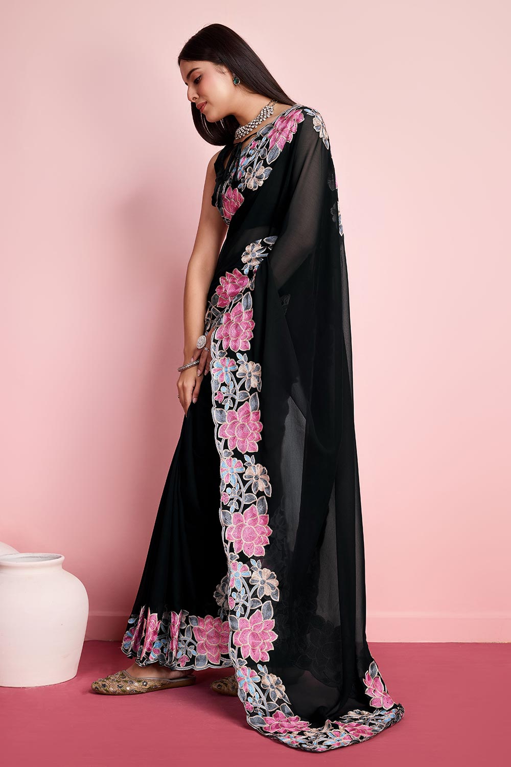 Black Georgette Embroidered Saree