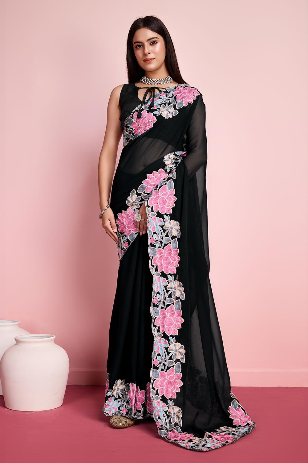 Black Georgette Embroidered Saree