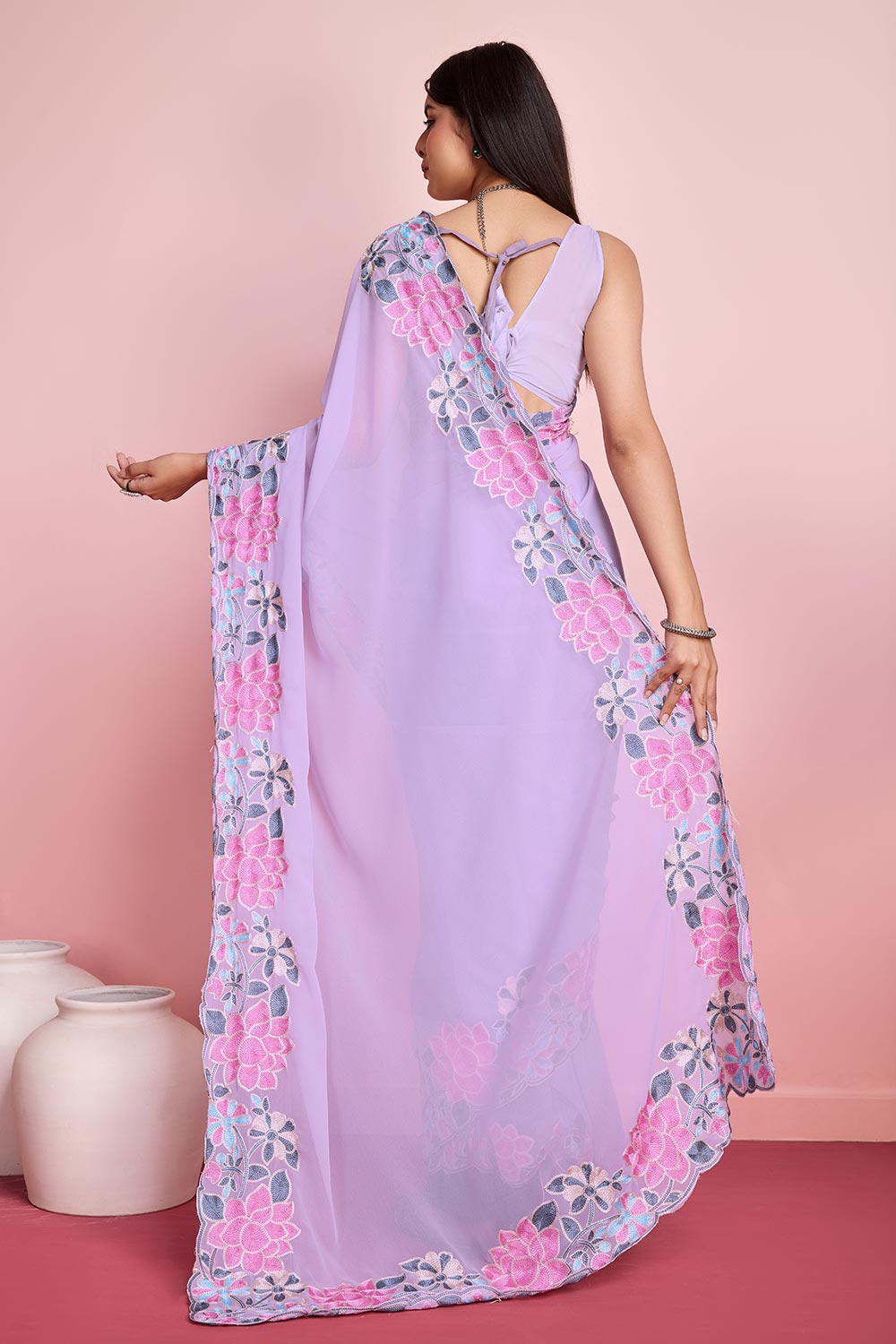 Voilet Georgette Embroidered Saree