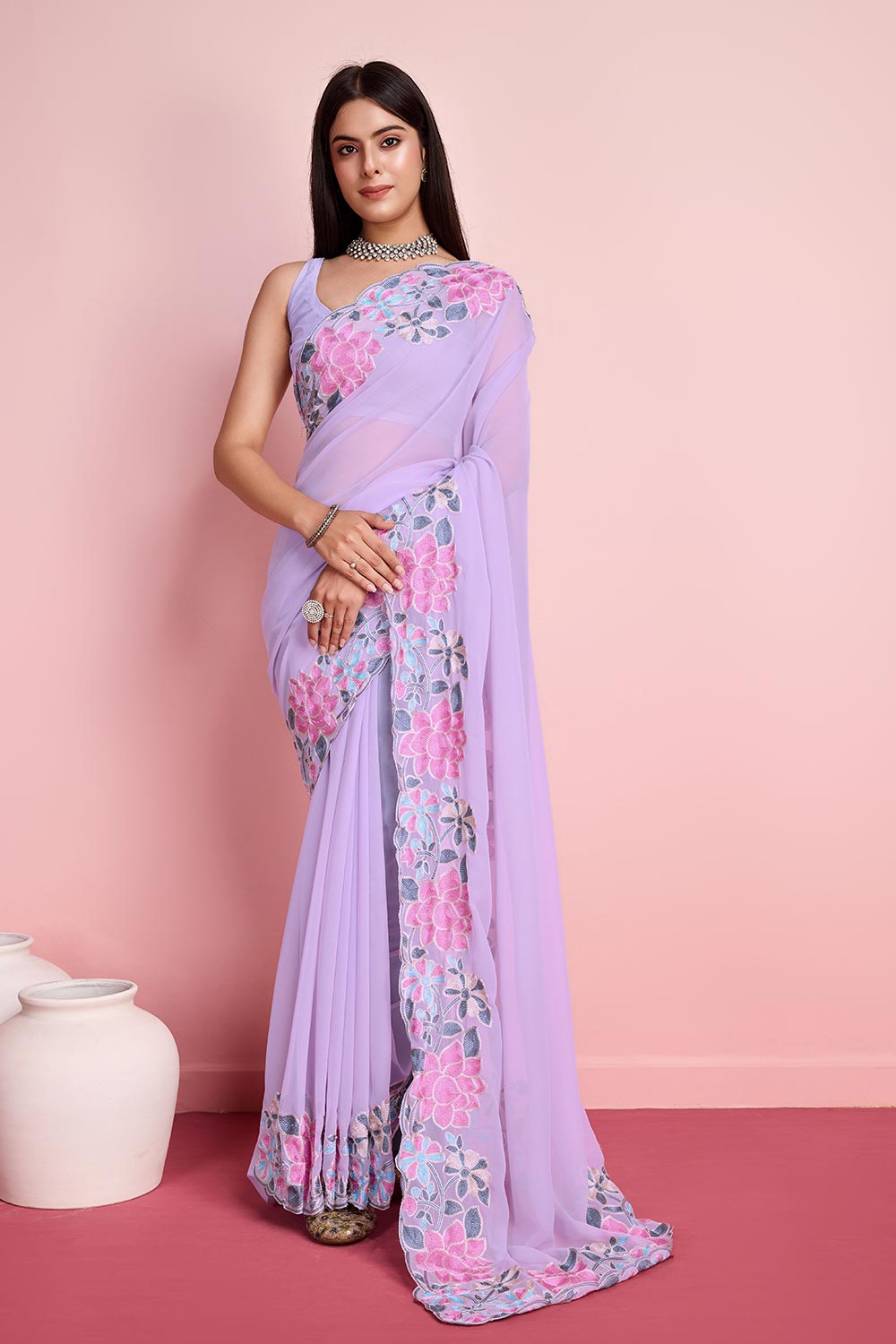 Voilet Georgette Embroidered Saree