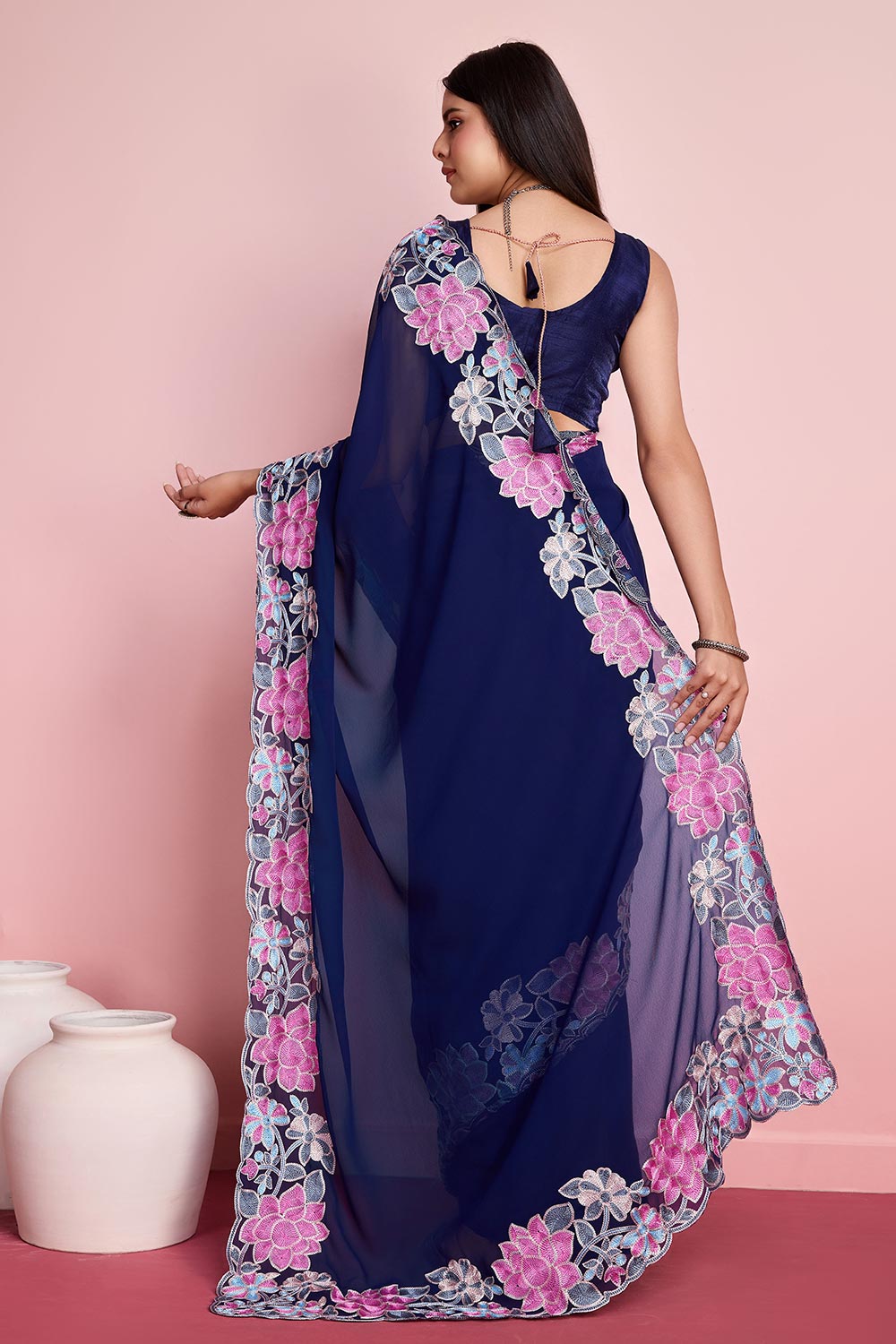 Blue Georgette Embroidered Saree