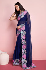 Blue Georgette Embroidered Saree