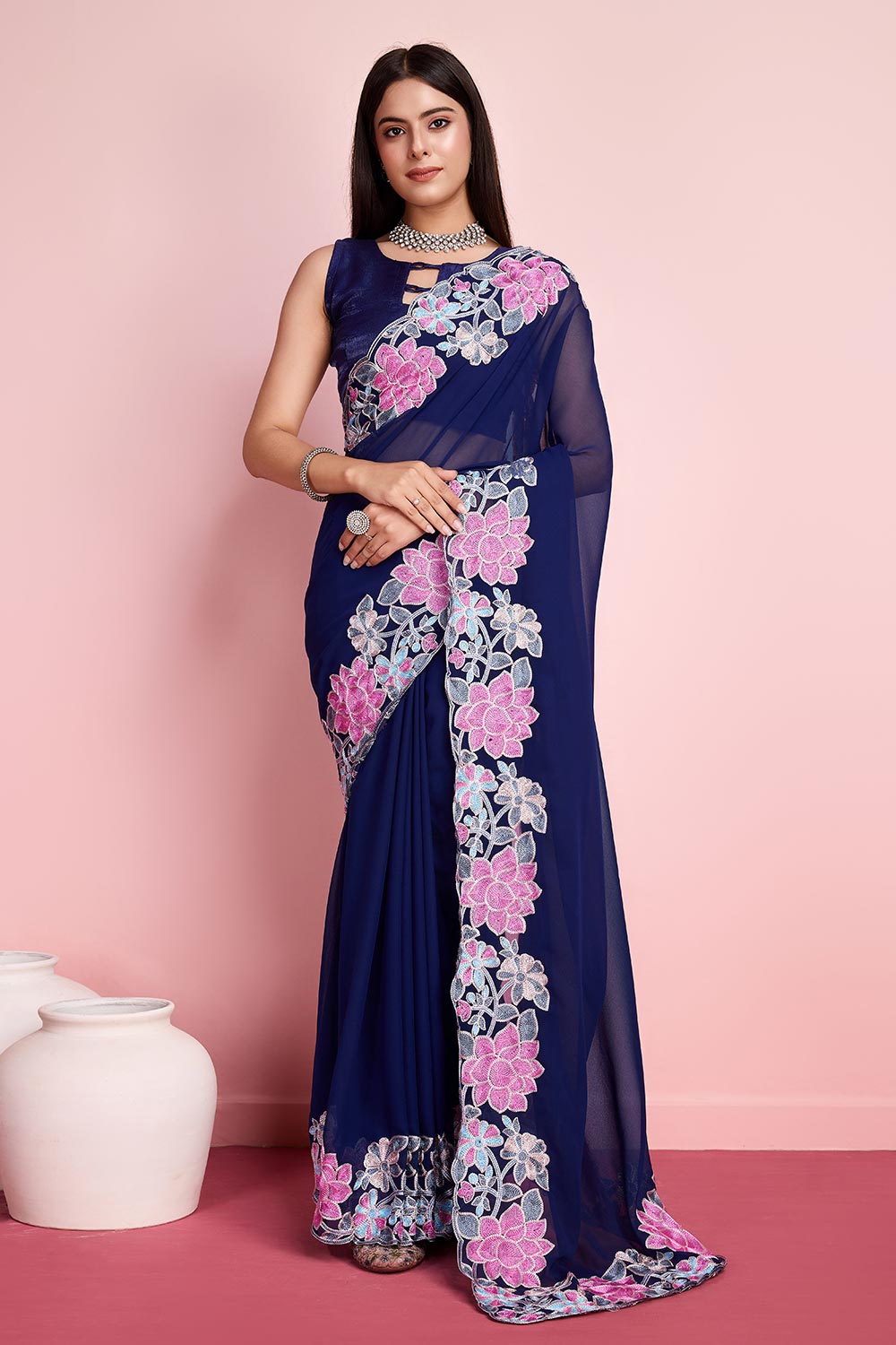 Blue Georgette Embroidered Saree