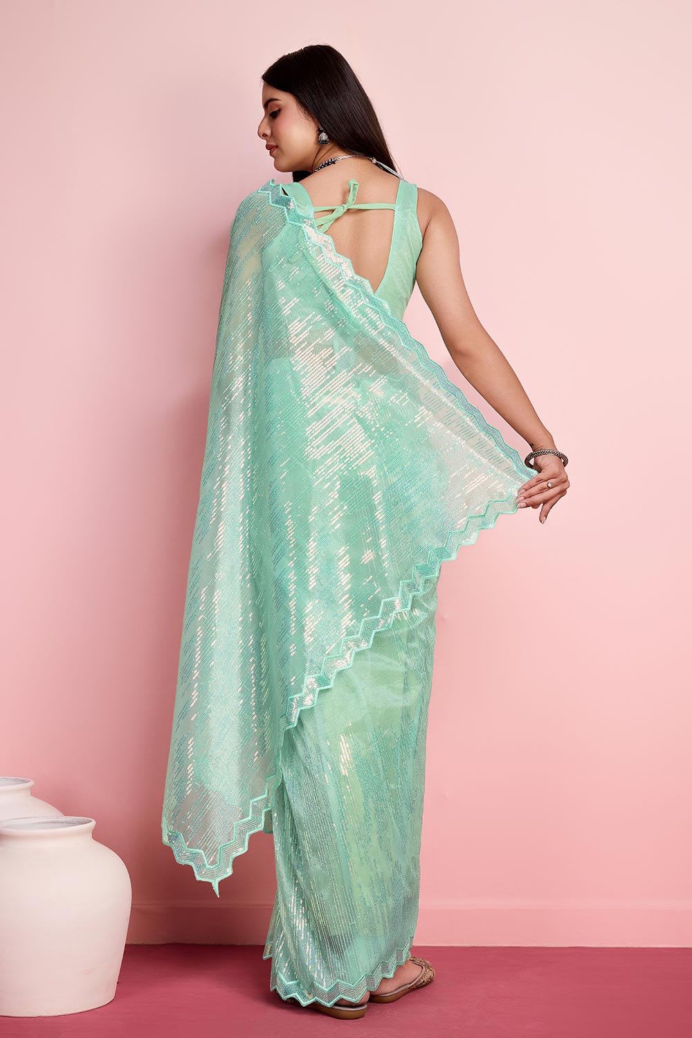 Sea Green Net Embroidered Saree