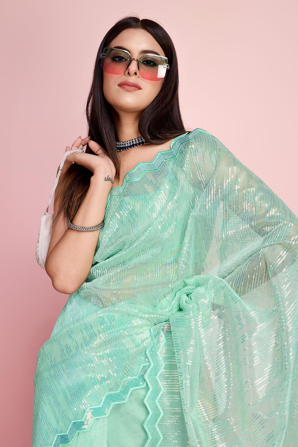 Sea Green Net Embroidered Saree