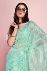 Sea Green Net Embroidered Saree