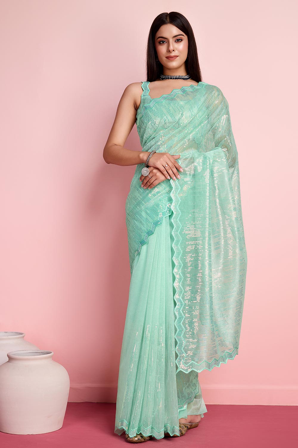 Sea Green Net Embroidered Saree