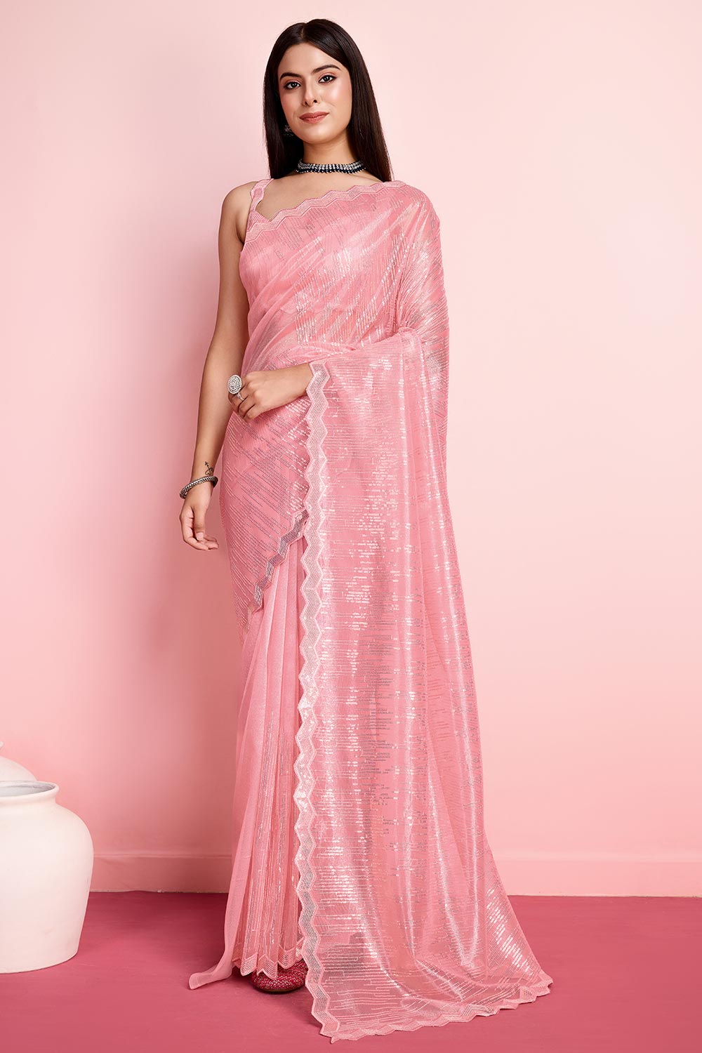 Rust Net Embroidered Saree