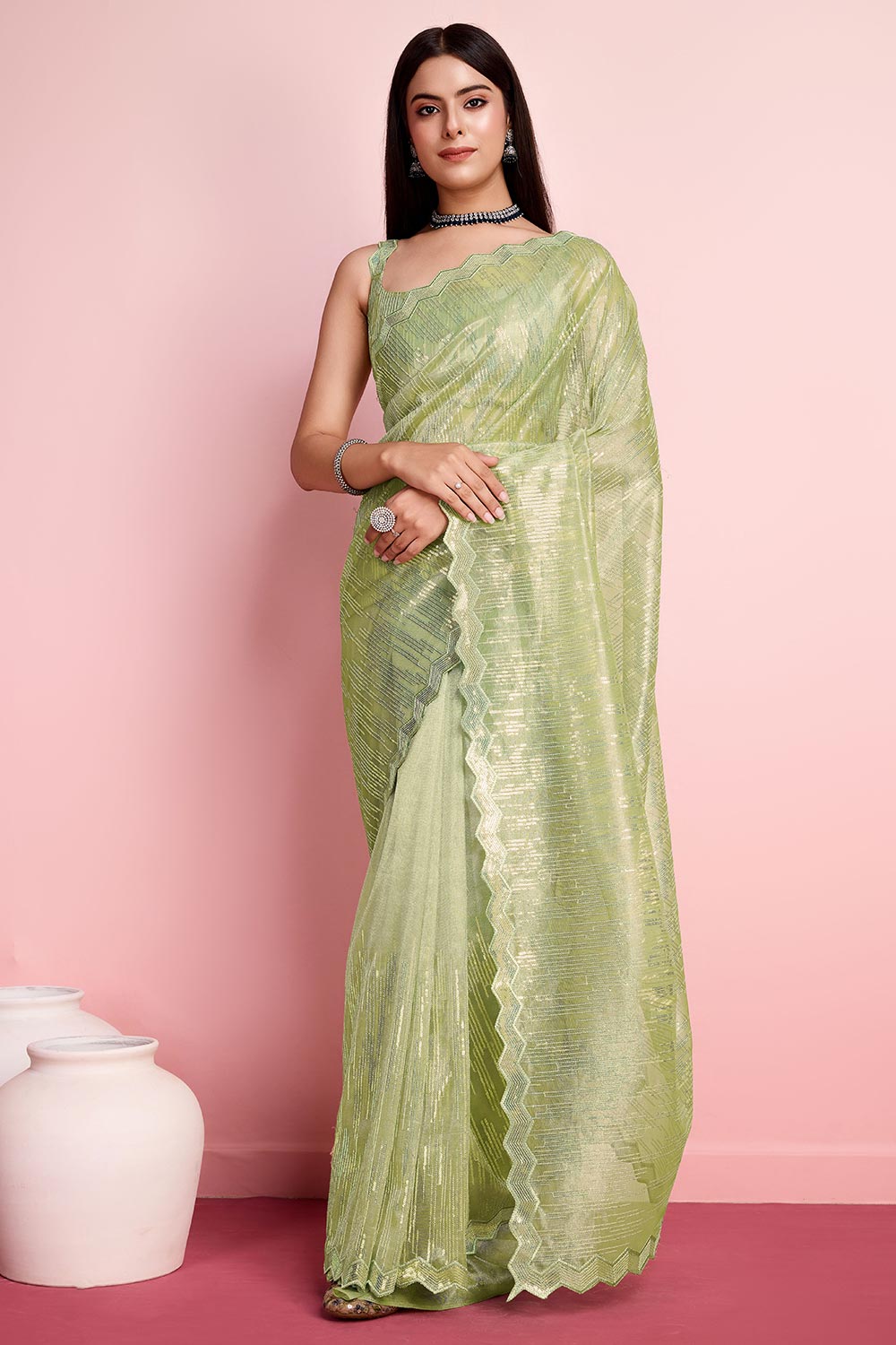 Pista Net Embroidered Saree