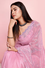 Pink Net Embroidered Saree