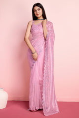 Pink Net Embroidered Saree