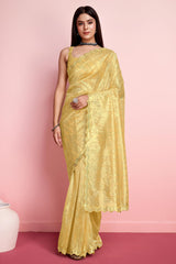 Yellow Net Embroidered Saree