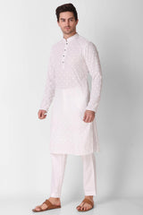 White Cotton Embroidered Long Kurta