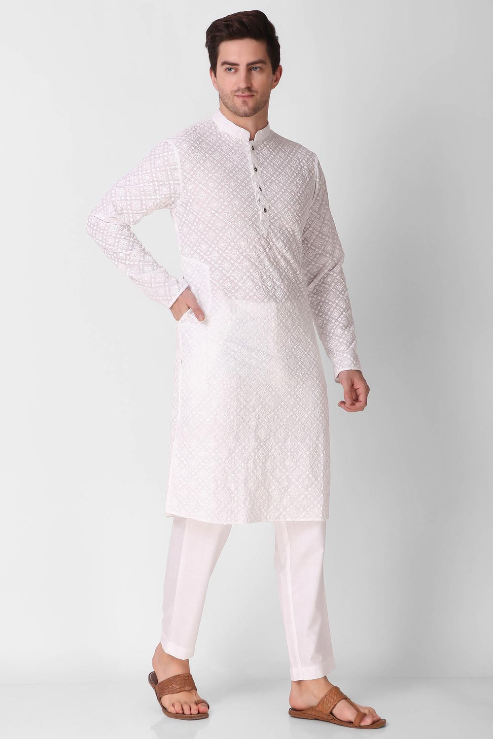 White Cotton Embroidered Long Kurta