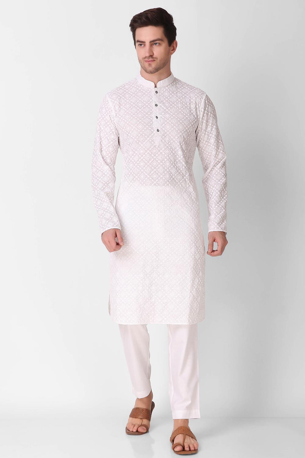 White Cotton Embroidered Long Kurta