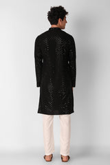 Black Cotton Embroidered Long Kurta