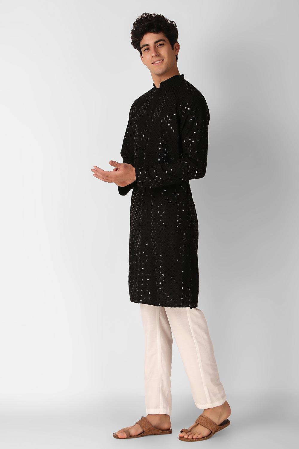 Black Cotton Embroidered Long Kurta