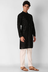 Black Cotton Embroidered Long Kurta