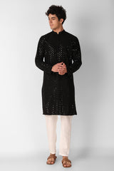 Black Cotton Embroidered Long Kurta