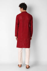 Maroon Cotton Embroidered Long Kurta