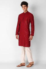 Maroon Cotton Embroidered Long Kurta