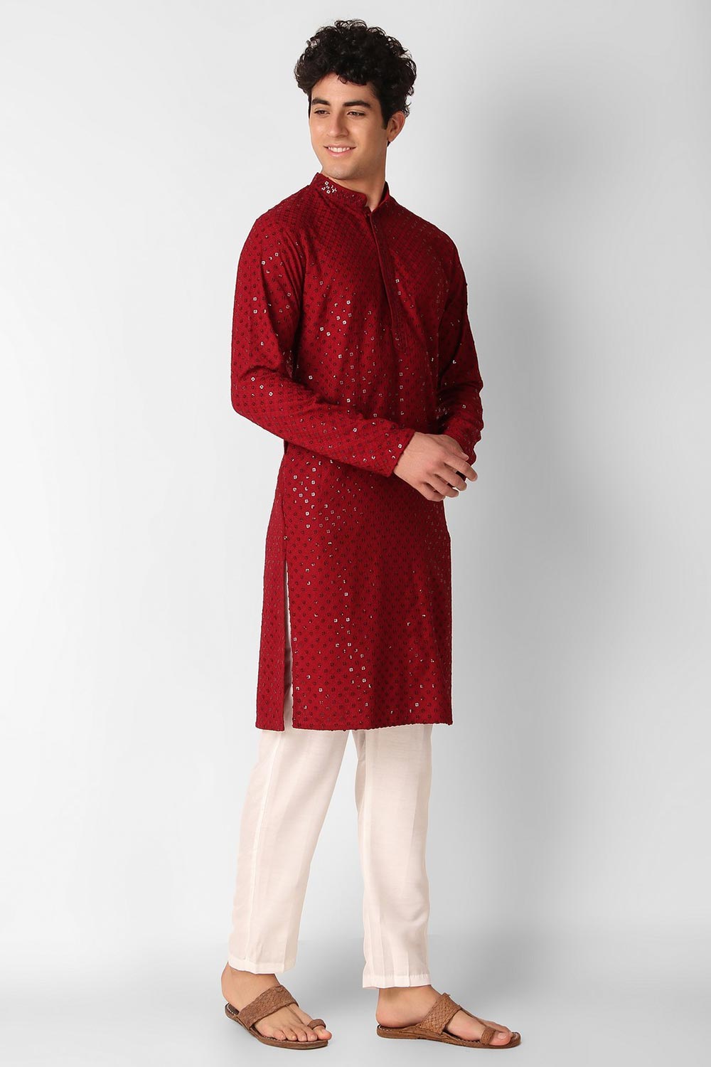 Maroon Cotton Embroidered Long Kurta