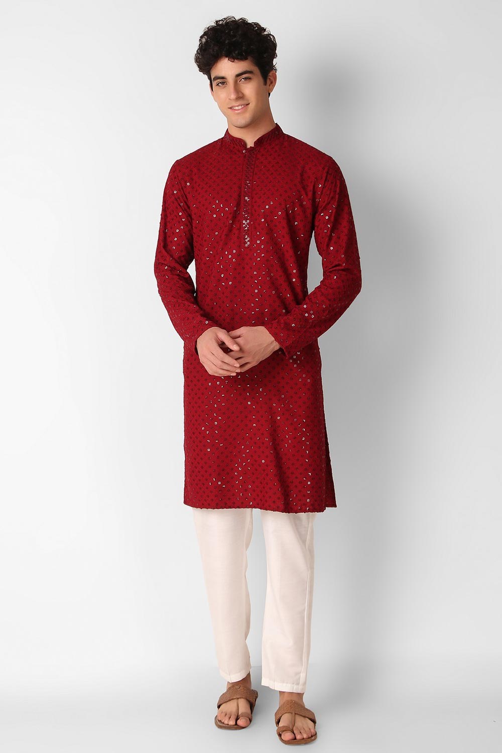 Maroon Cotton Embroidered Long Kurta