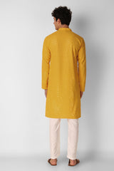 Yellow Cotton Embroidered Long Kurta