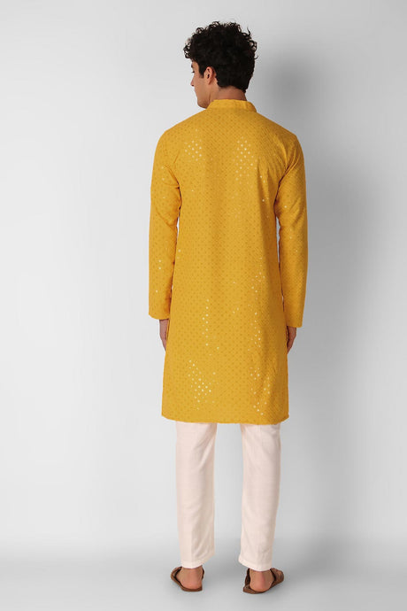 Yellow Cotton Embroidered Long Kurta