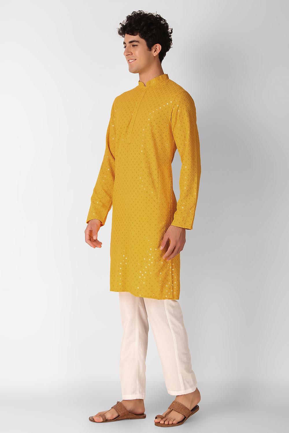 Yellow Cotton Embroidered Long Kurta