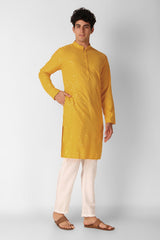 Yellow Cotton Embroidered Long Kurta