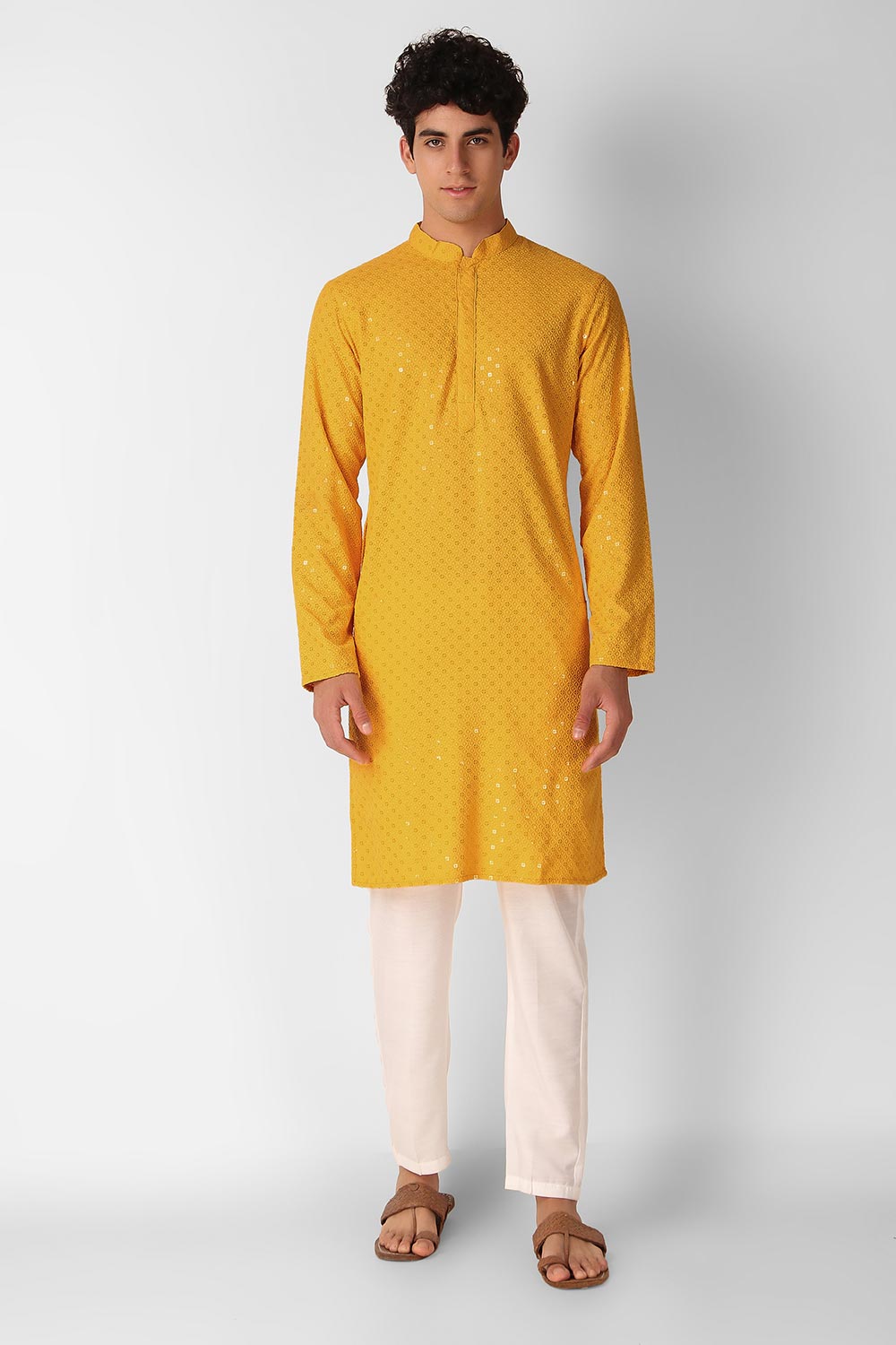 Yellow Cotton Embroidered Long Kurta