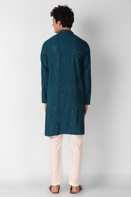 Teal Cotton Embroidered Long Kurta