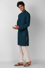 Teal Cotton Embroidered Long Kurta