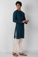 Teal Cotton Embroidered Long Kurta